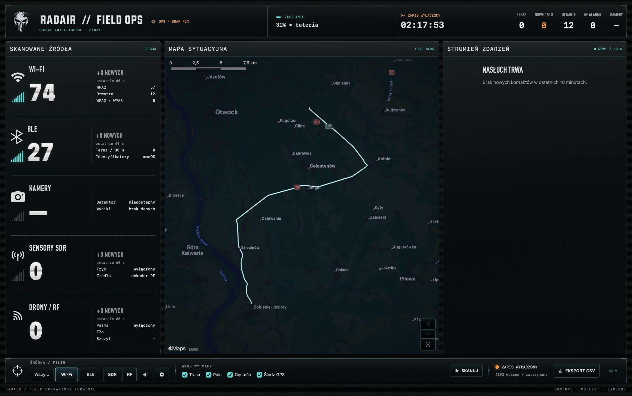 RadAir Field Ops running on macOS: scanned source panels for Wi-Fi, BLE, cameras, SDR sensors and drone RF, a situational map with the recorded GPS track, and the live event stream